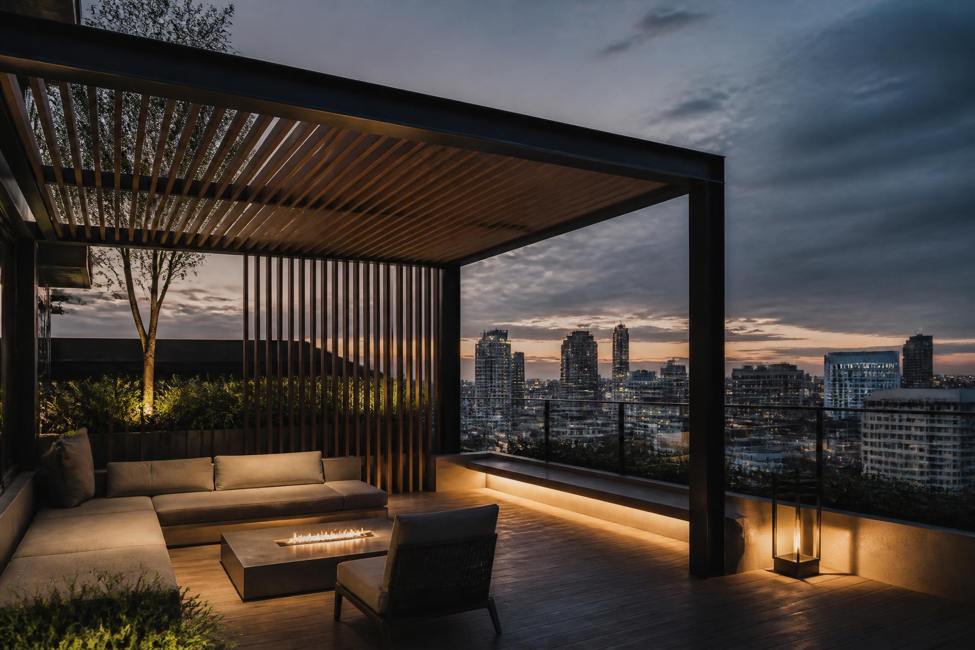 Rooftop terrace with a slatted timber and steel pergola overlooking a city skyline at dusk