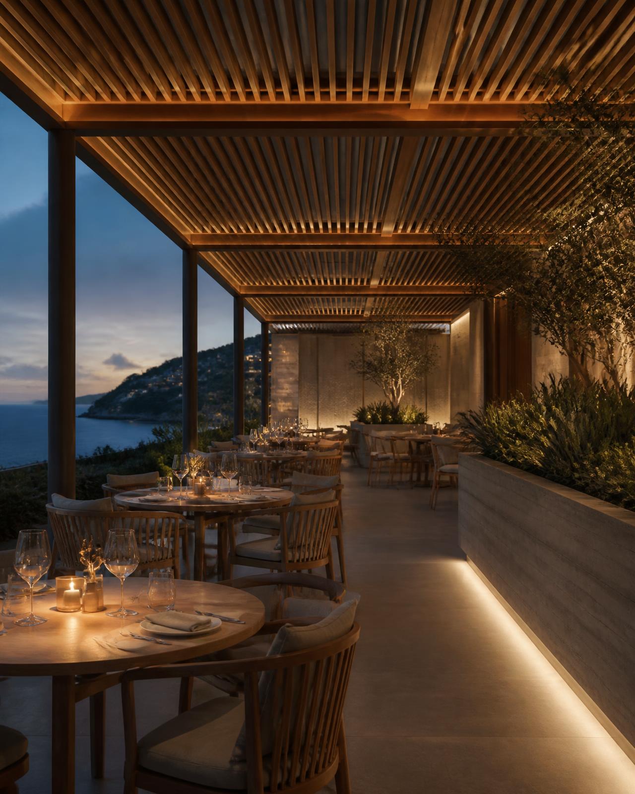 Covered restaurant terrace with a timber slat canopy and concealed lighting at dusk